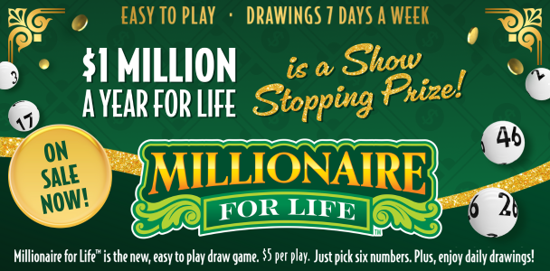 Promotional banner for Millionaire for Life lottery advertising “$1 Million a Year for Life” with daily drawings and tickets on sale now.